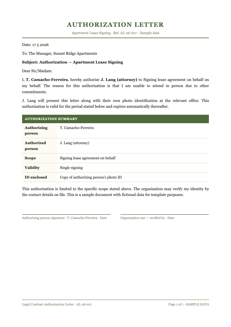 Legal contract authorization letter